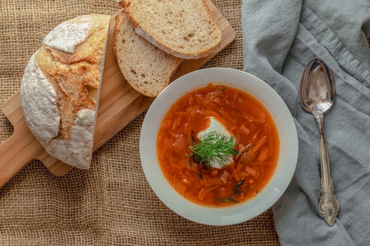 Beet root soup Borscht with bread