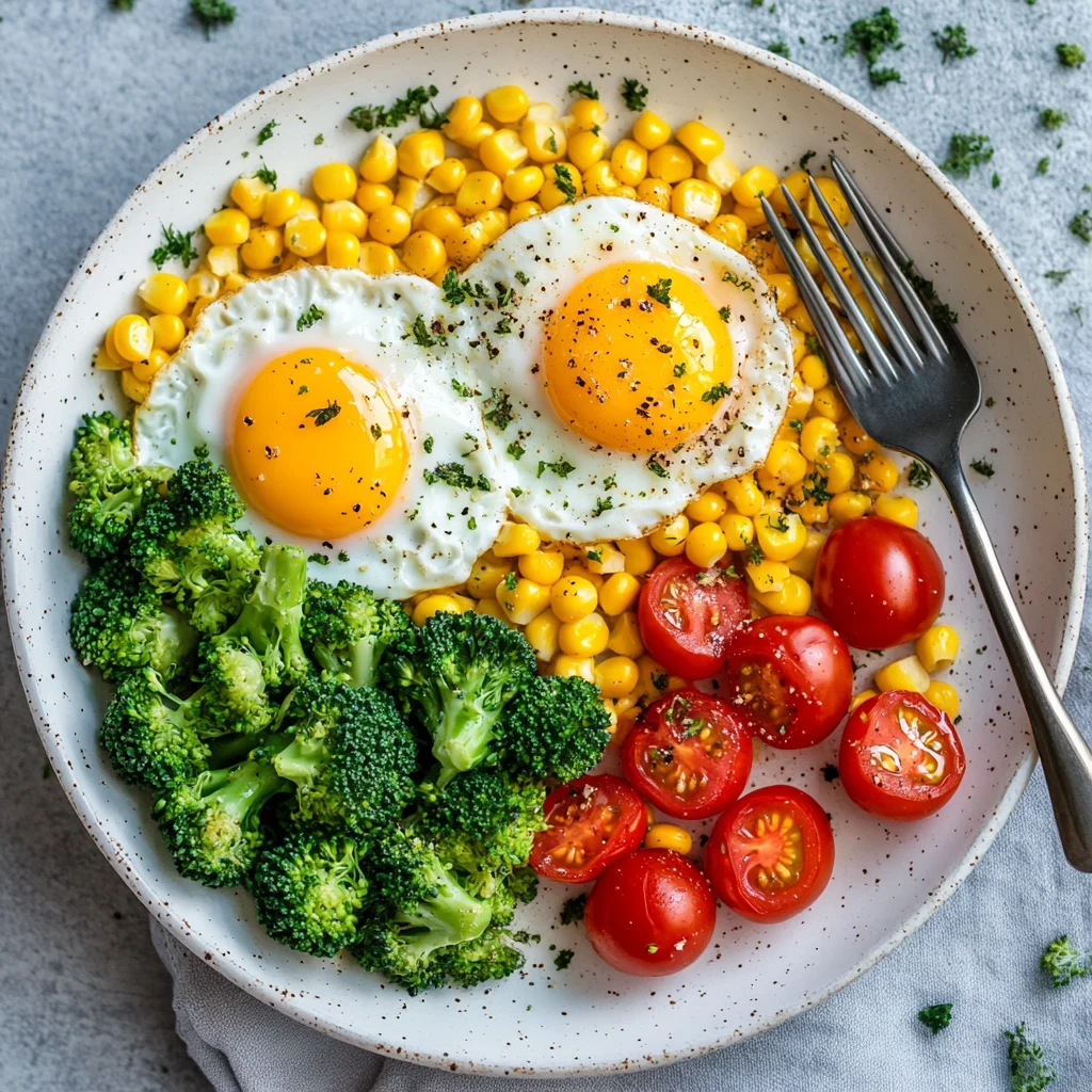 Colorful Veggie Bowl with Eggs and Fresh Corn 1 colorful breakfast bowl with eggs and vegetables