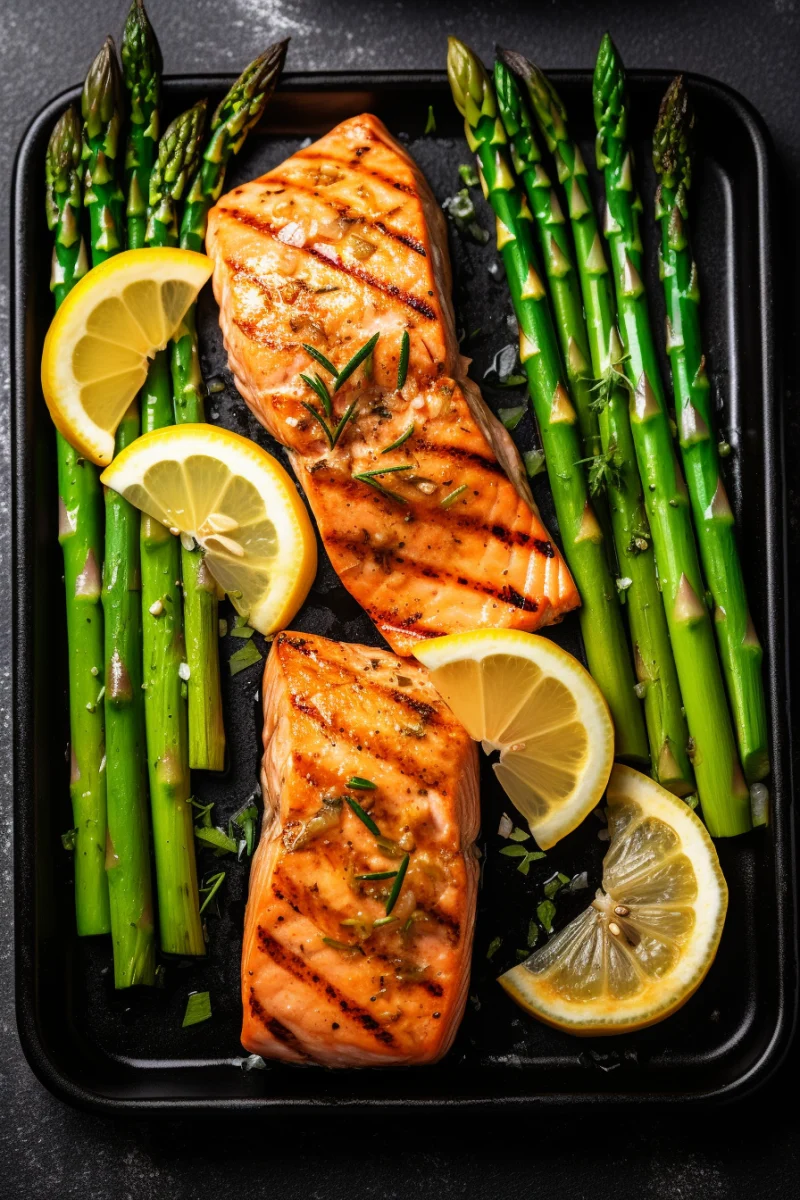 Grilled Salmon with Asparagus and Lemon Wedges 1 grilled salmon with asparagus and lemon wedges