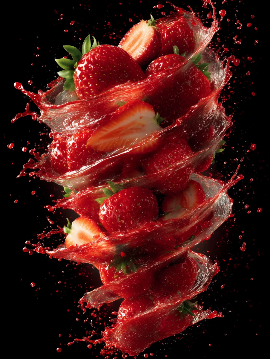 Swirling Fresh Strawberries with Splashing Juice 1 swirling fresh strawberries with splashing juice