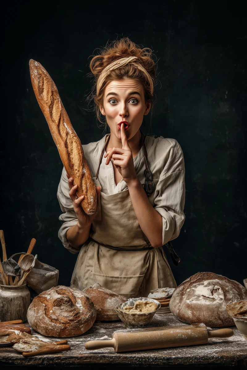 Artisan Baker Holding Fresh Baguette and Smiling 1 artisan baker holding fresh baguette and smiling