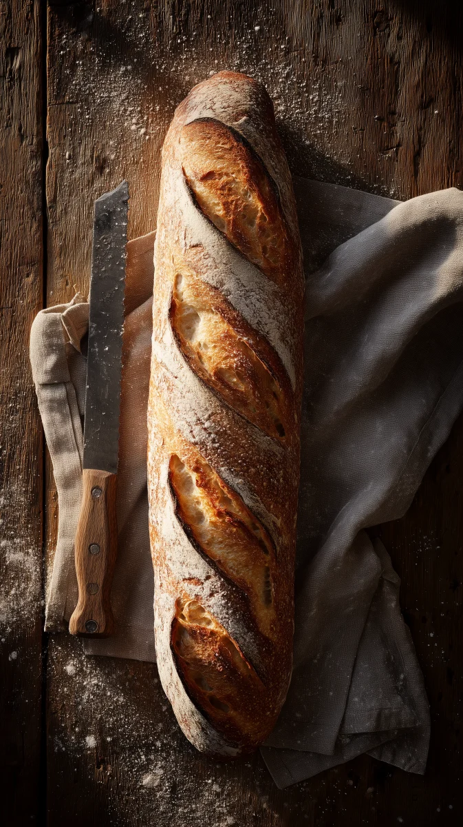 Artisan Bread Loaf with Rustic Knife and Cloth 1 artisan bread loaf with rustic knife and cloth