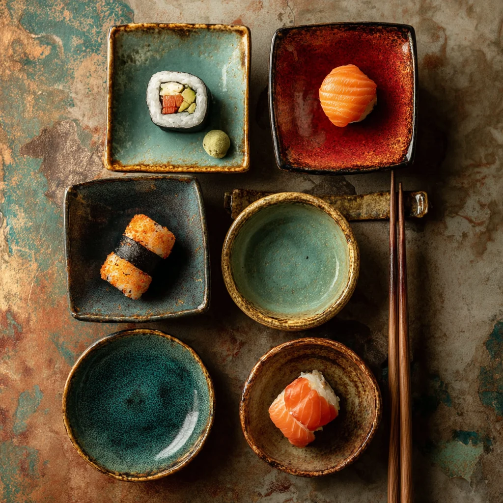 Assorted Sushi on Rustic Plates 1 assorted sushi on rustic plates