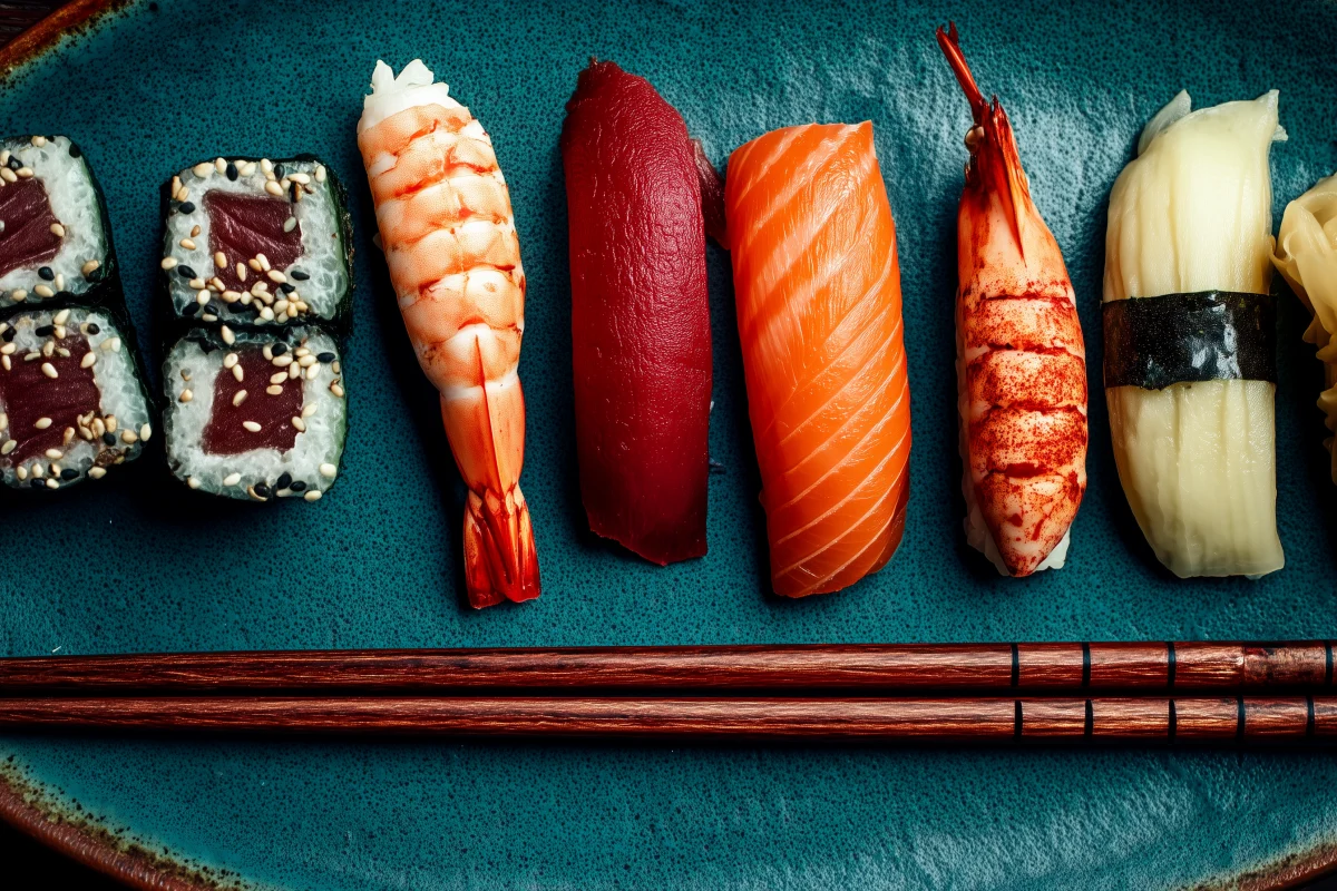 Assorted Sushi Selection on Vibrant Plate 1 assorted sushi selection on vibrant plate