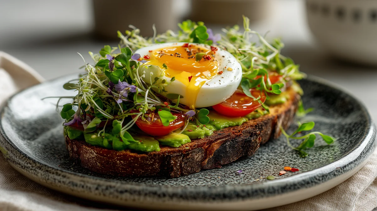 Avocado Toast with Poached Egg and Microgreens 1 avocado toast with poached egg and microgreens
