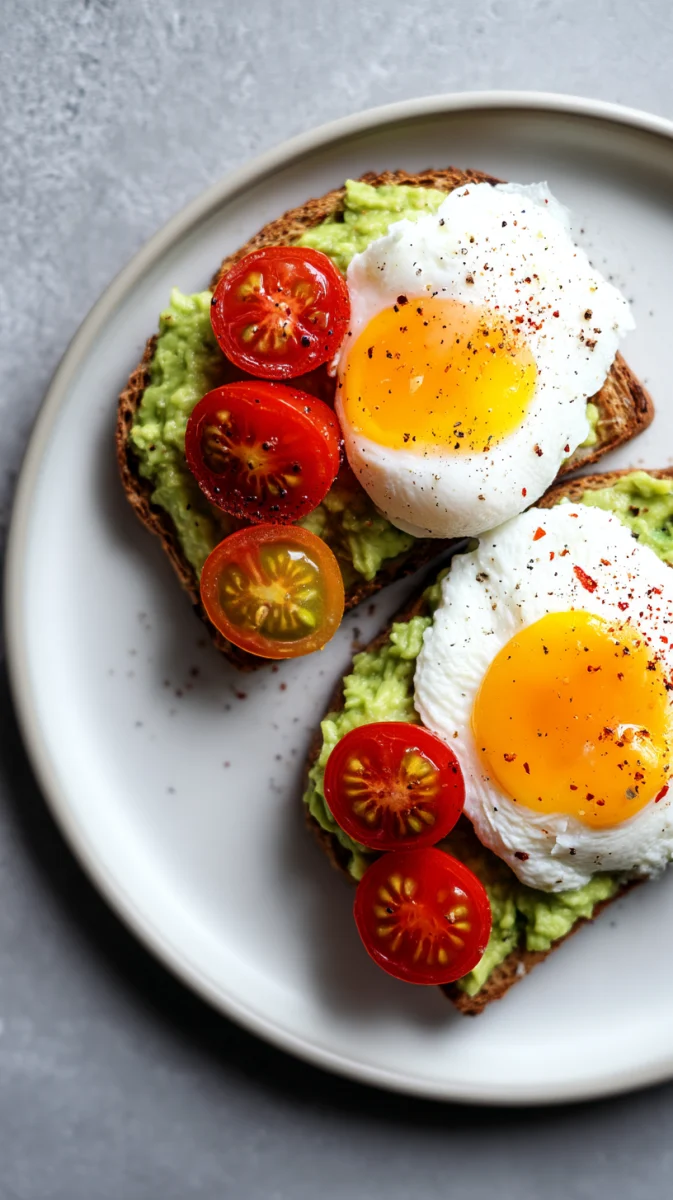 Avocado Toast with Poached Eggs and Cherry Tomatoes 1 avocado toast with poached eggs and cherry tomatoes