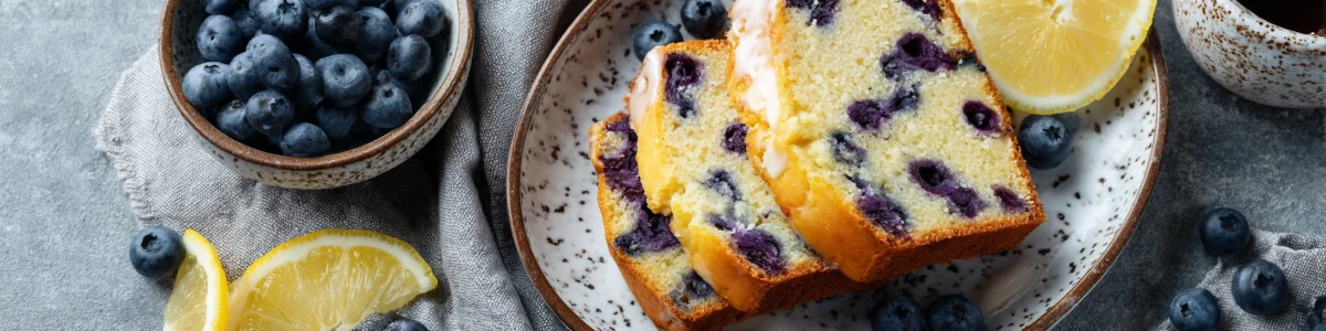 Blueberry Lemon Loaf Cake Slices on Plate 1 blueberry lemon loaf cake slices on plate
