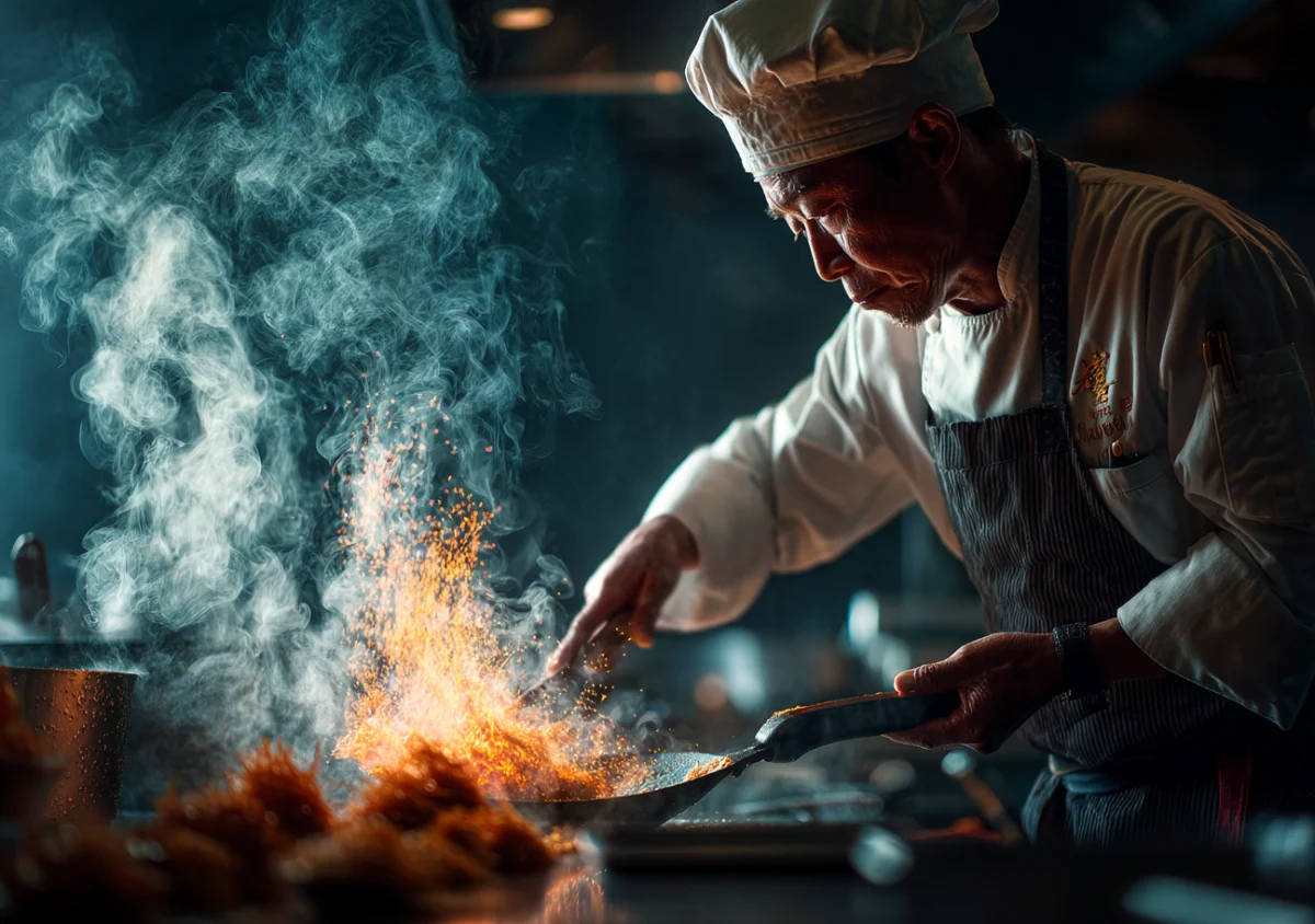 Chef Cooking with Flames in Modern Kitchen 1 chef cooking with flames in modern kitchen
