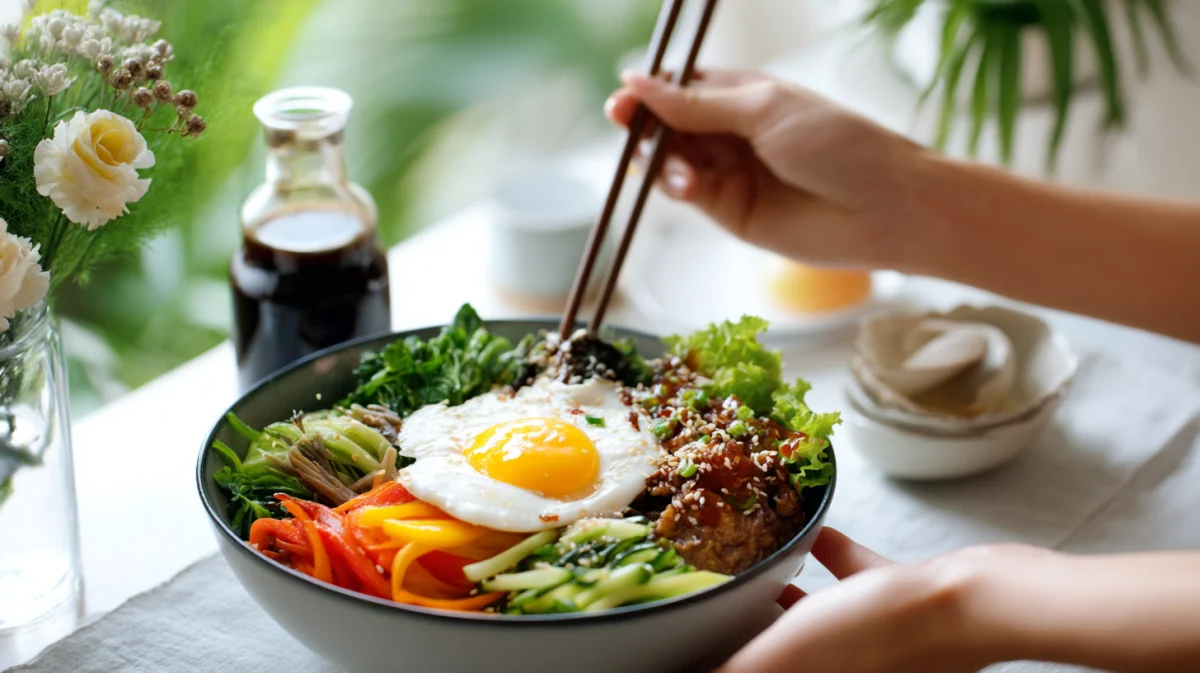 Colorful Bibimbap Bowl with Fried Egg and Veggies 1 colorful bibimbap bowl with fried egg and veggies