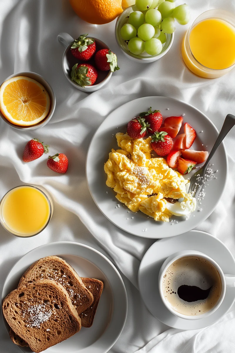 Colorful Breakfast Spread with Scrambled Eggs and Fruits 1 colorful breakfast spread with scrambled eggs and fruits