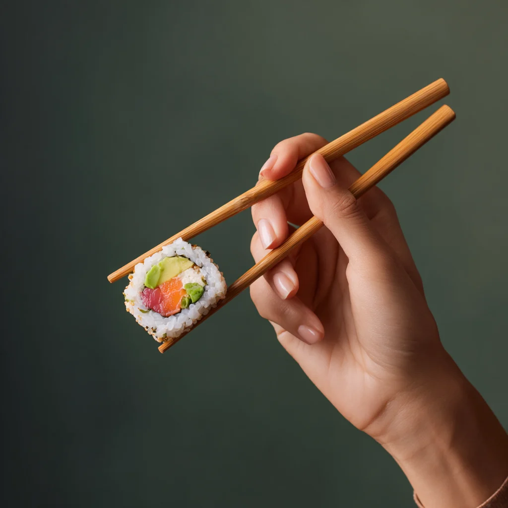 Colorful Sushi Roll Held with Chopsticks 1 colorful sushi roll held with chopsticks