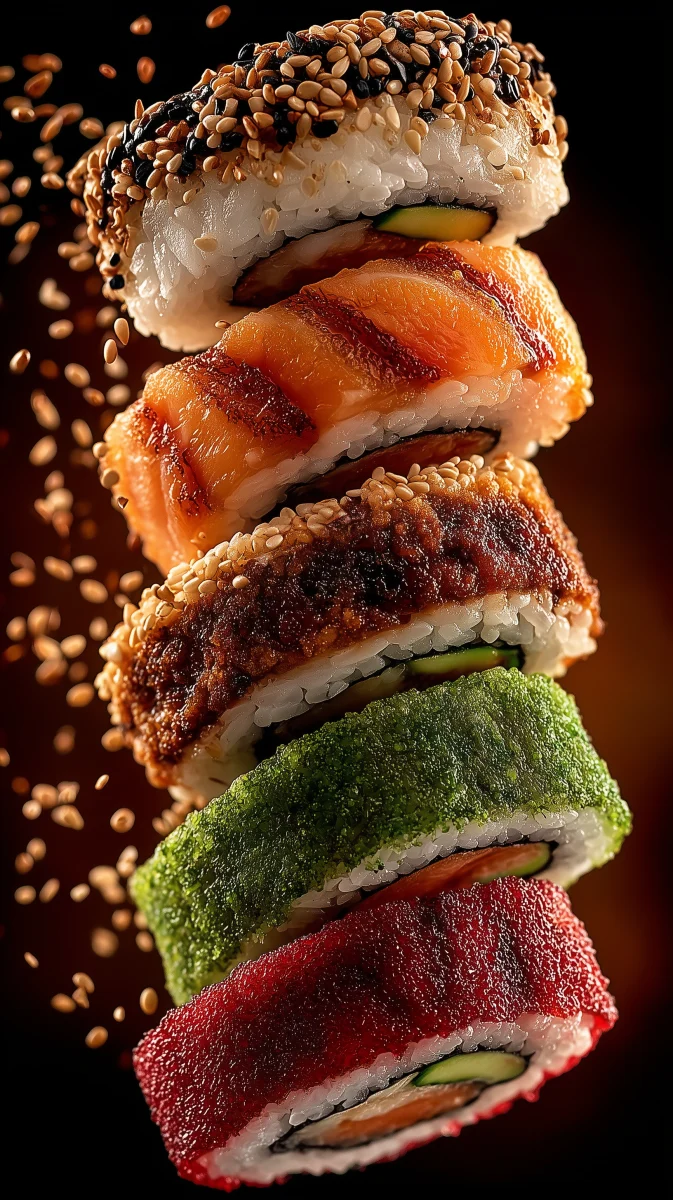 Colorful Sushi Stack with Sesame Sprinkles 1 colorful sushi stack with sesame sprinkles