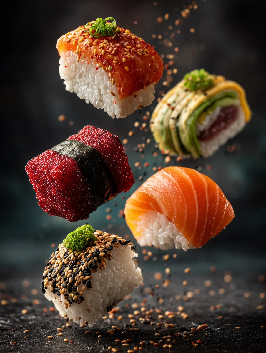 Colorful Sushi Variety Floating in Mid-Air 1 colorful sushi variety floating in mid air