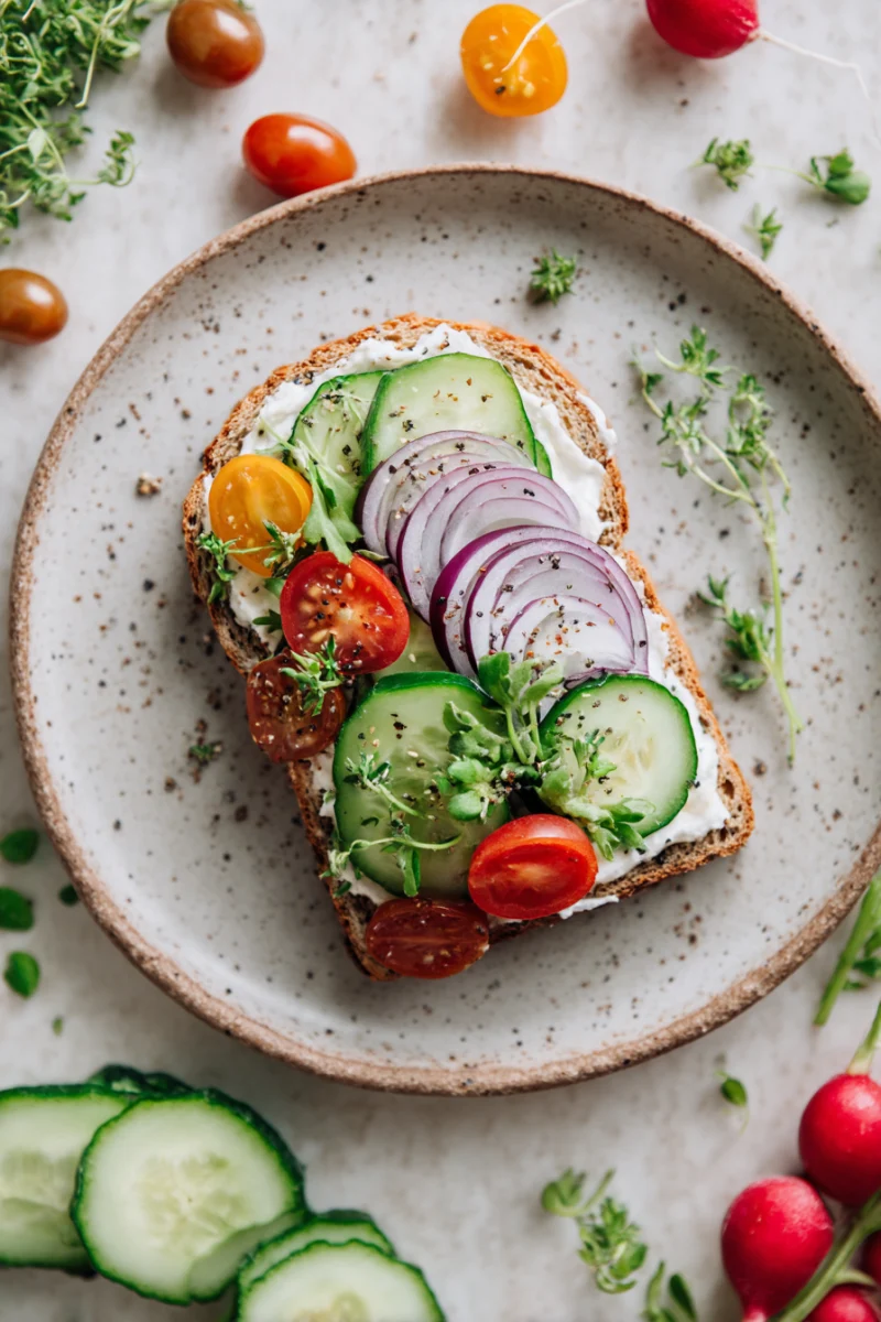 Colorful Vegetable Open Sandwich with Fresh Herbs 1 colorful vegetable open sandwich with fresh herbs
