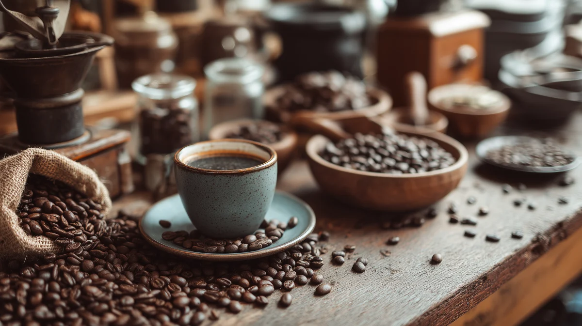 Cozy Coffee Scene with Freshly Roasted Beans 1 cozy coffee scene with freshly roasted beans
