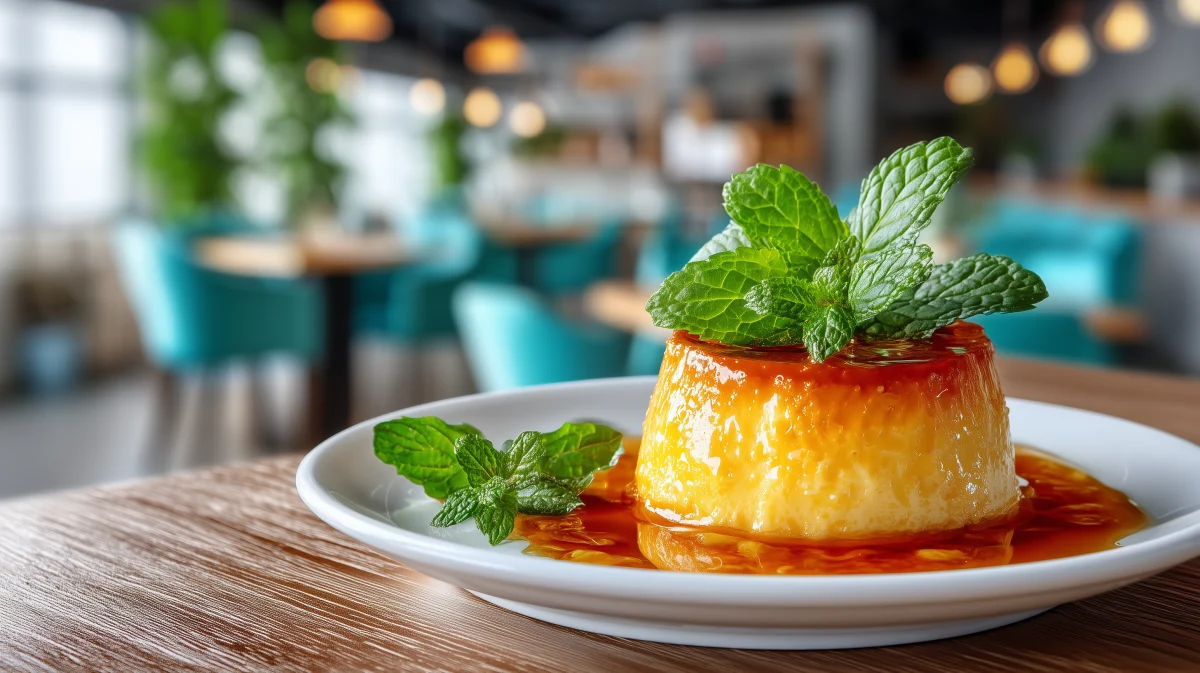 Creamy Caramel Flan with Mint Garnish 1 creamy caramel flan with mint garnish