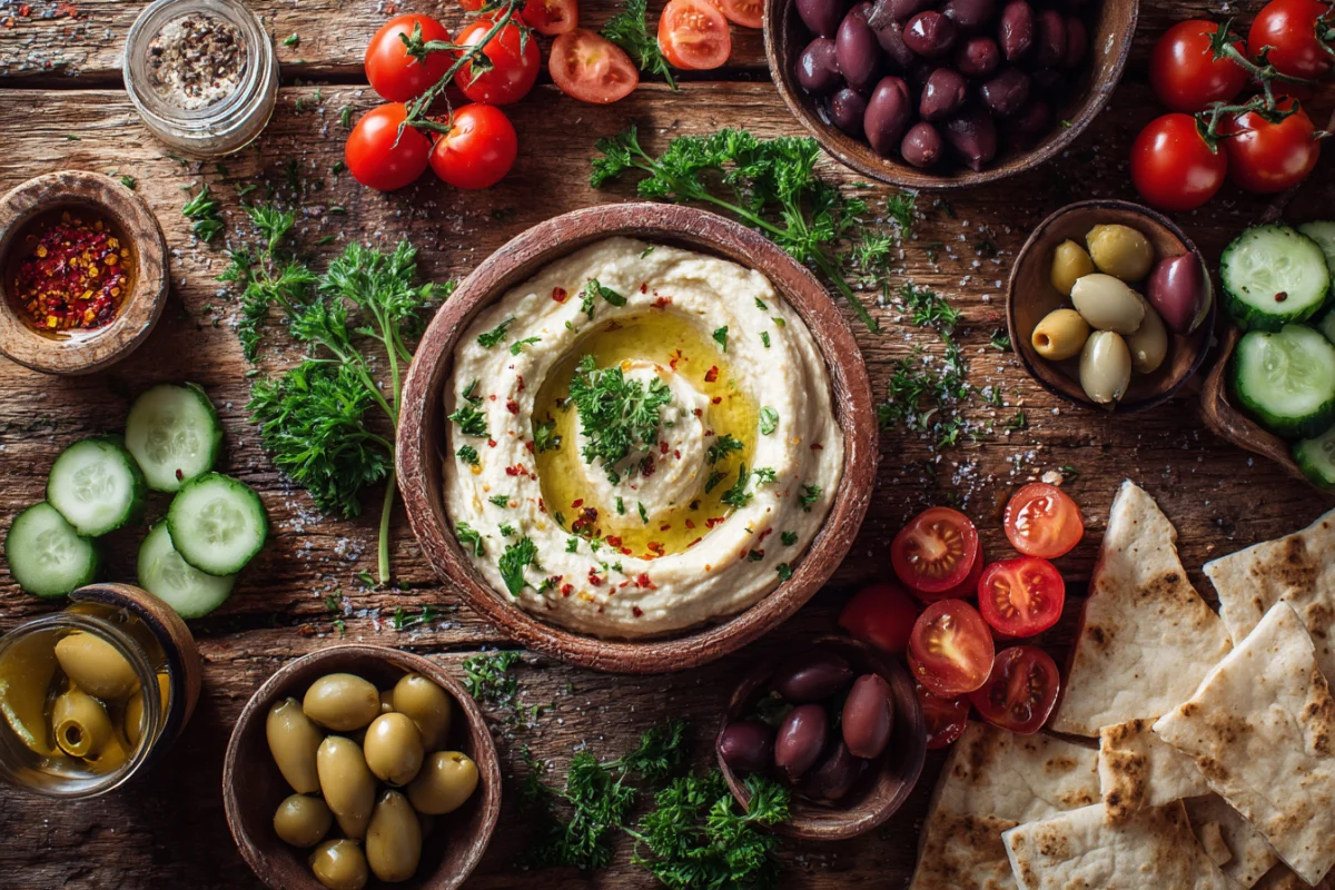 Creamy Hummus with Fresh Vegetables and Olives 1 creamy hummus with fresh vegetables and olives