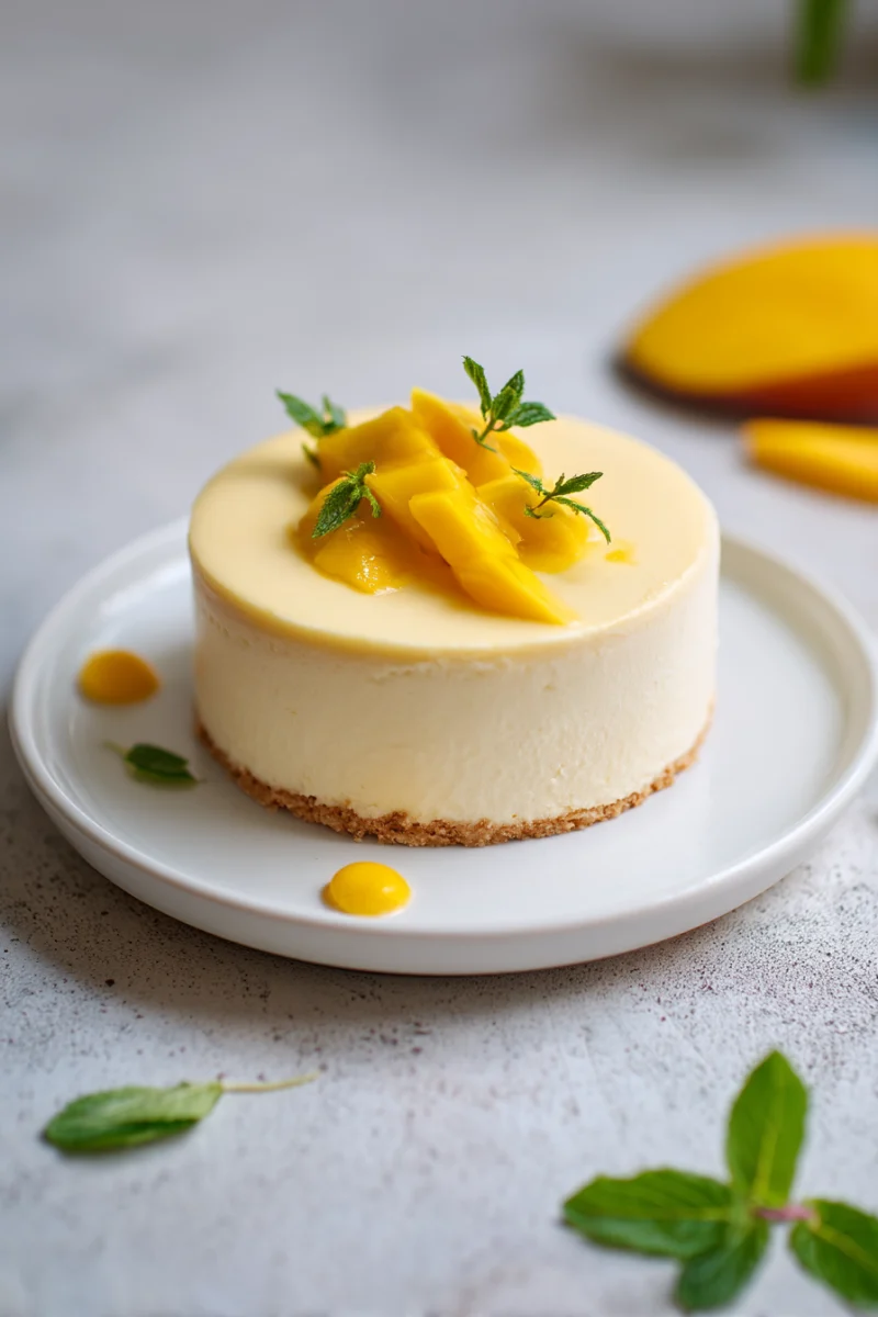 Creamy Mango Cheesecake with Fresh Mint Garnish 1 creamy mango cheesecake with fresh mint garnish