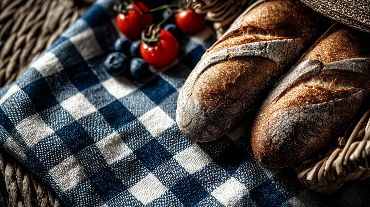 Crispy Artisan Baguettes on Blue Checkered Cloth 1 crispy artisan baguettes on blue checkered cloth