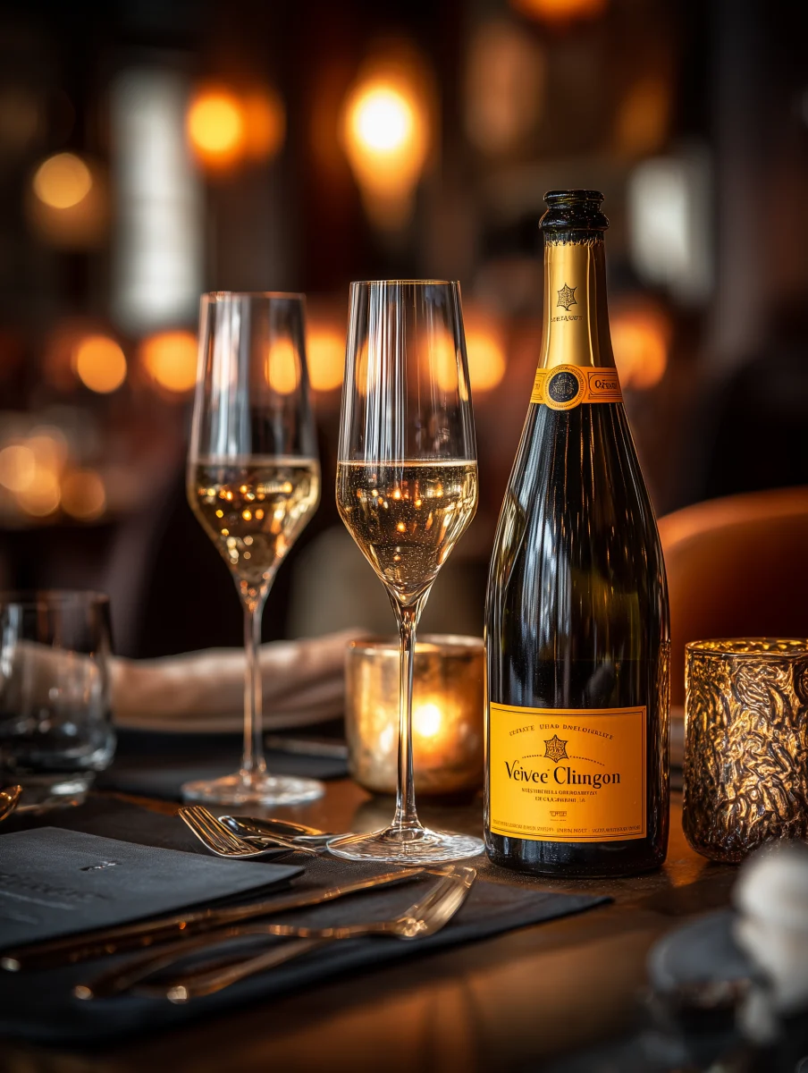 Elegant Champagne Bottle and Flutes on Dining Table 1 elegant champagne bottle and flutes on dining table