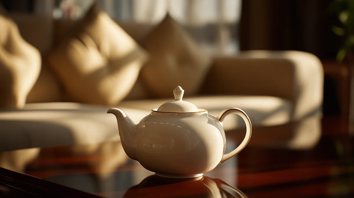 Elegant White Teapot on Wooden Table 1 elegant white teapot on wooden table