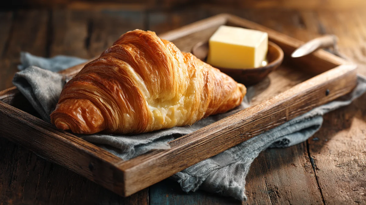 Flaky Croissant with Butter on Rustic Tray 1 flaky croissant with butter on rustic tray