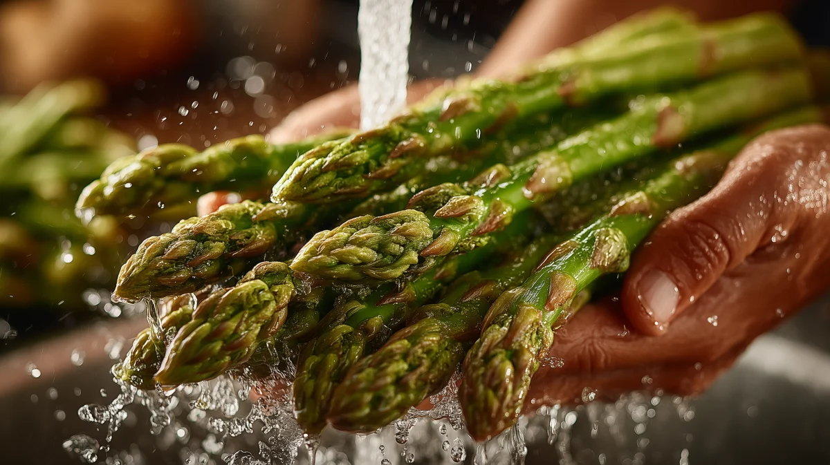 Fresh Asparagus Being Washed Under Running Water 1 fresh asparagus being washed under running water
