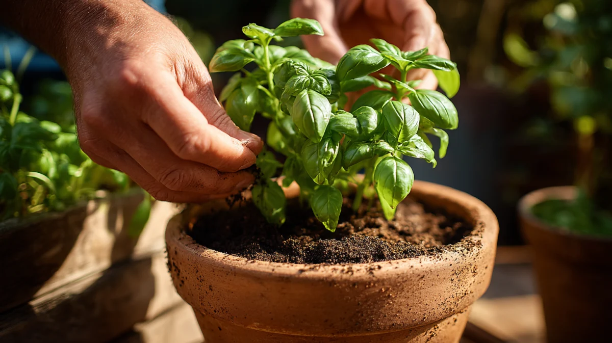 Fresh Basil Plant in Terracotta Pot 1 fresh basil plant in terracotta pot