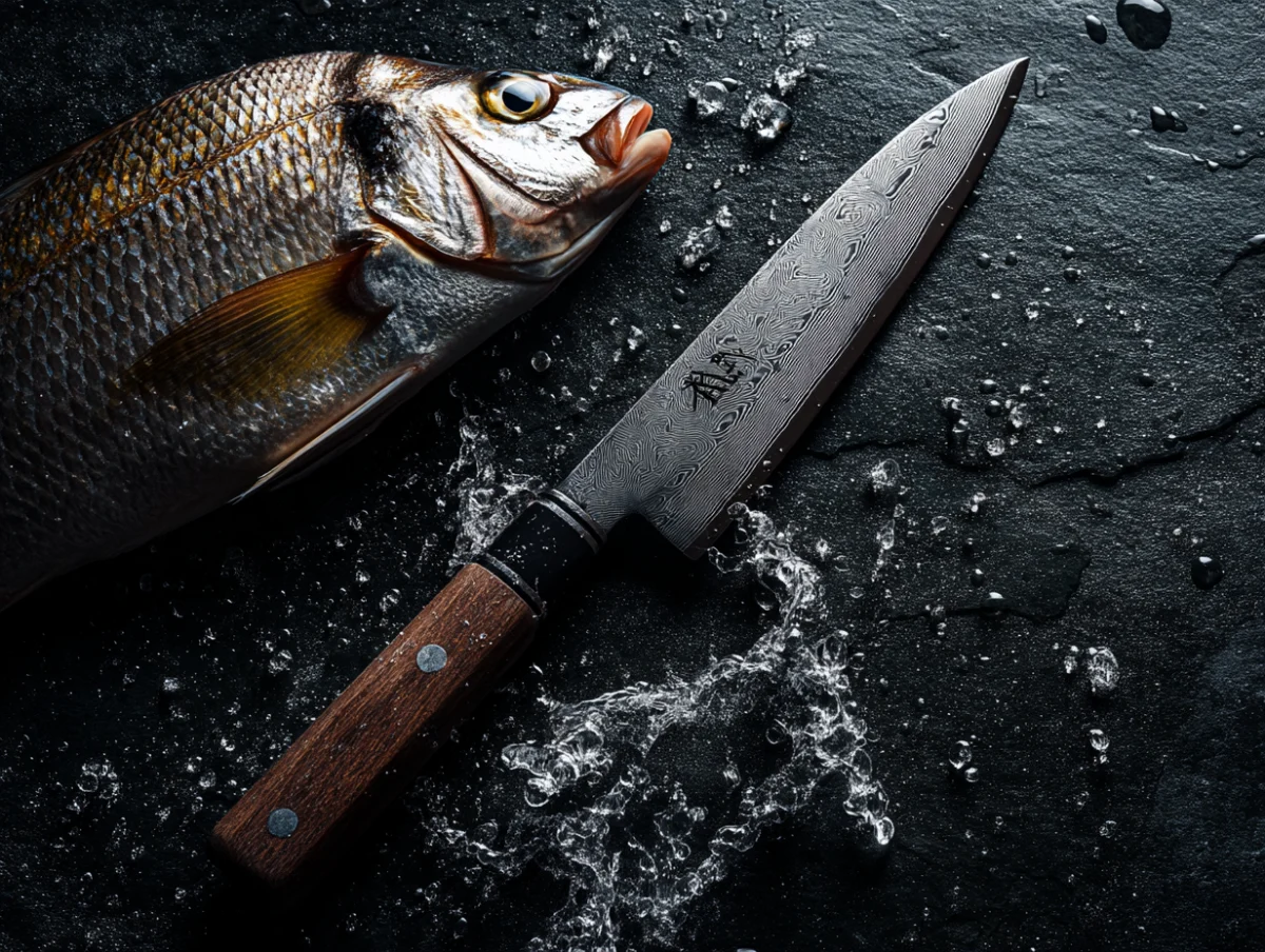 Fresh Fish with Chef's Knife on Dark Slate 1 fresh fish with chefs knife on dark slate