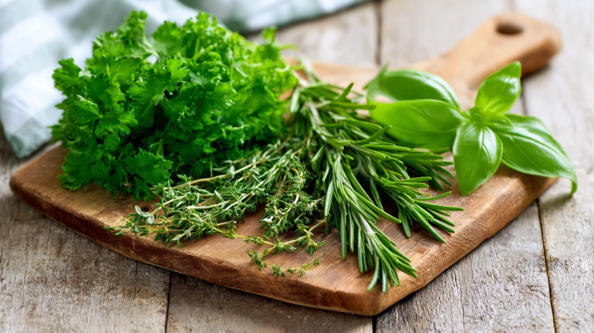Fresh Herbs on Wooden Cutting Board 1 fresh herbs on wooden cutting board