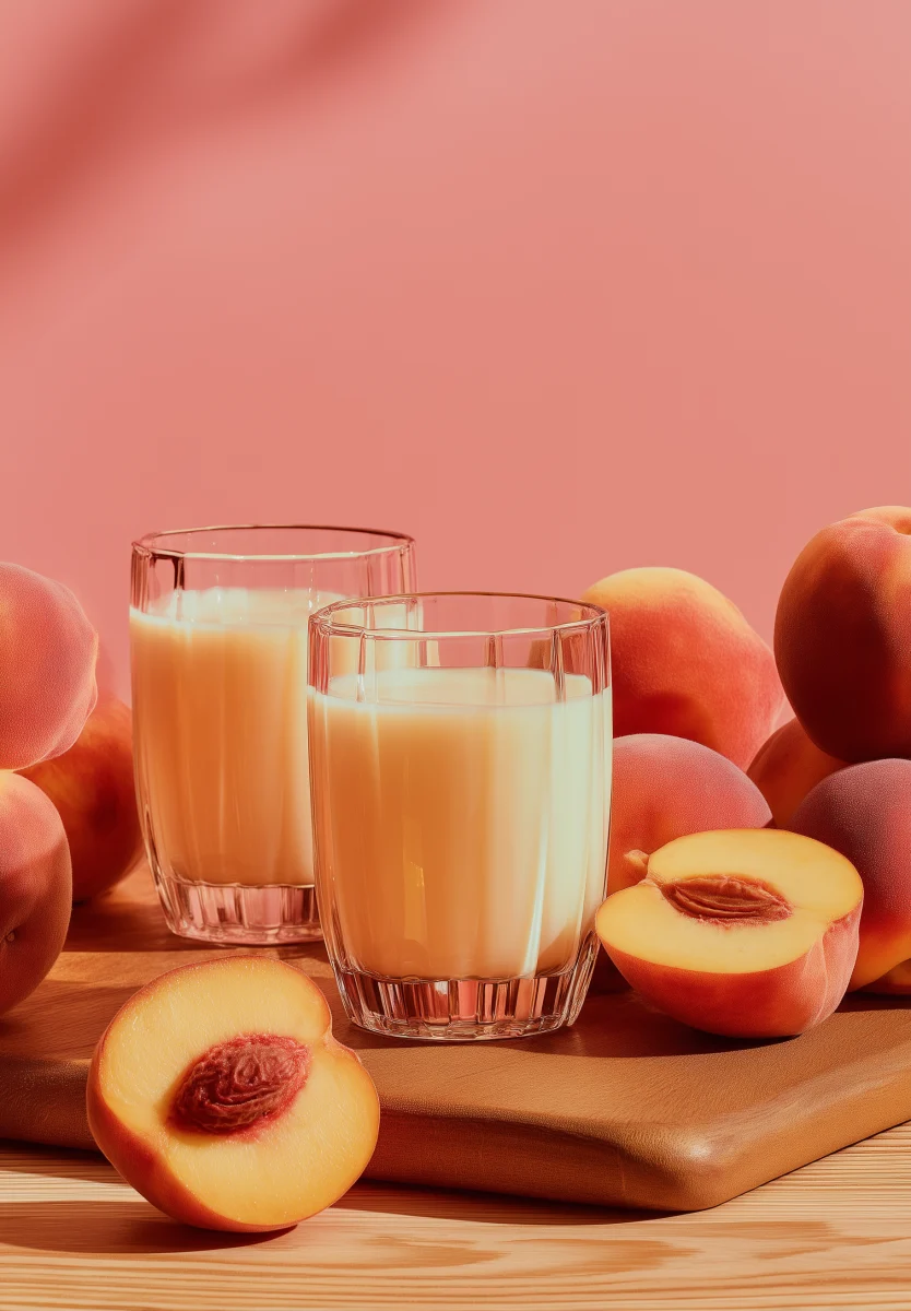 Fresh Peach Juice in Glasses with Ripe Peaches 1 fresh peach juice in glasses with ripe peaches