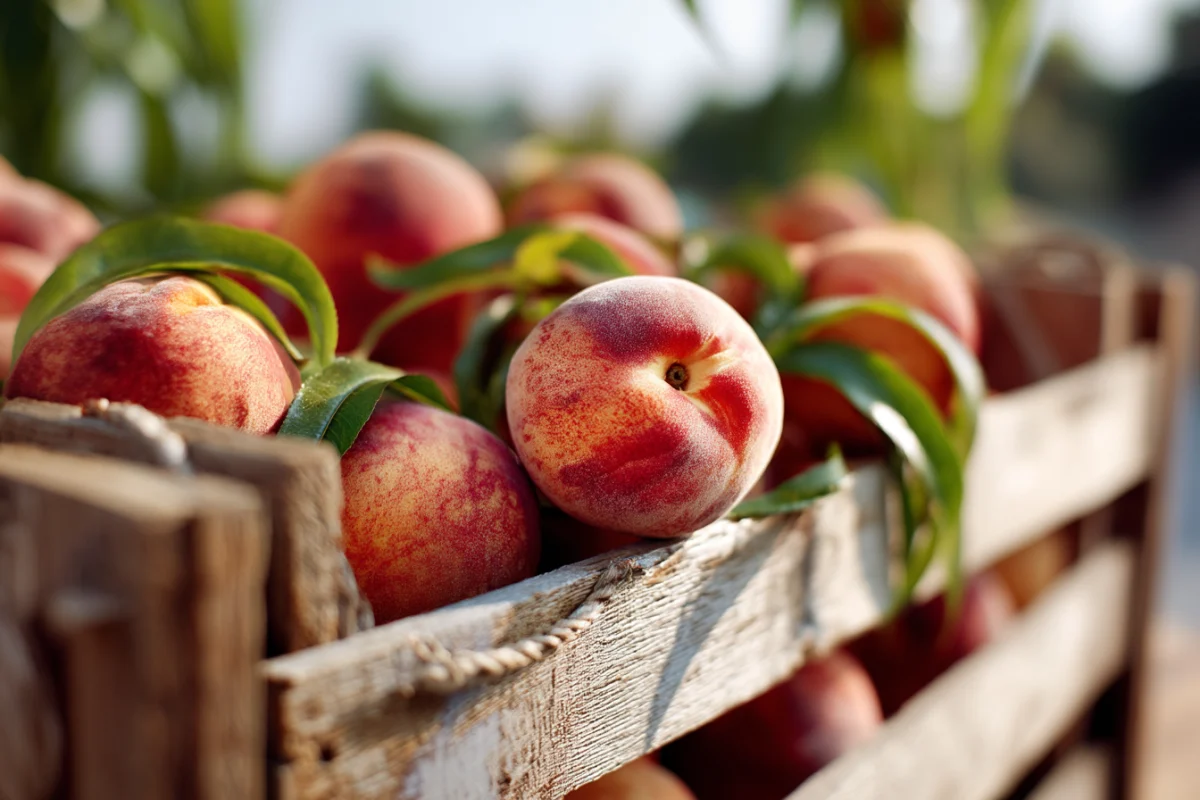 Fresh Peaches in Rustic Wooden Crate 1 fresh peaches in rustic wooden crate