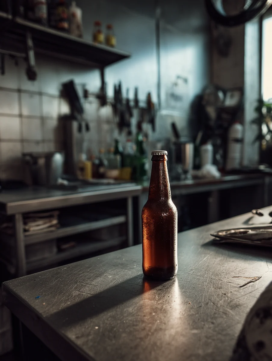 Frosty Brown Beer Bottle in Kitchen Setting 1 frosty brown beer bottle in kitchen setting