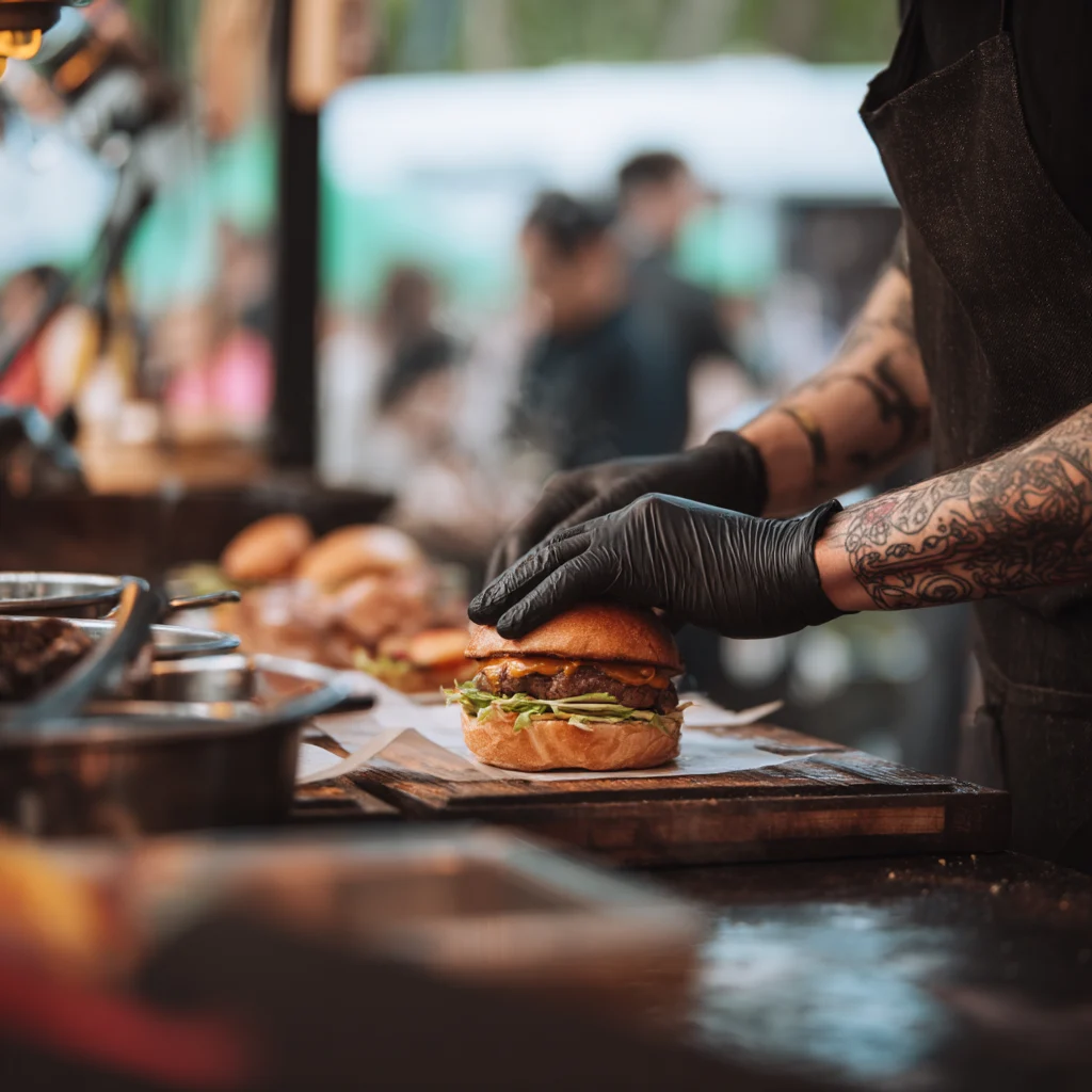 Gourmet Burger Being Assembled at Street Food Stall 1 gourmet burger being assembled at street food stall