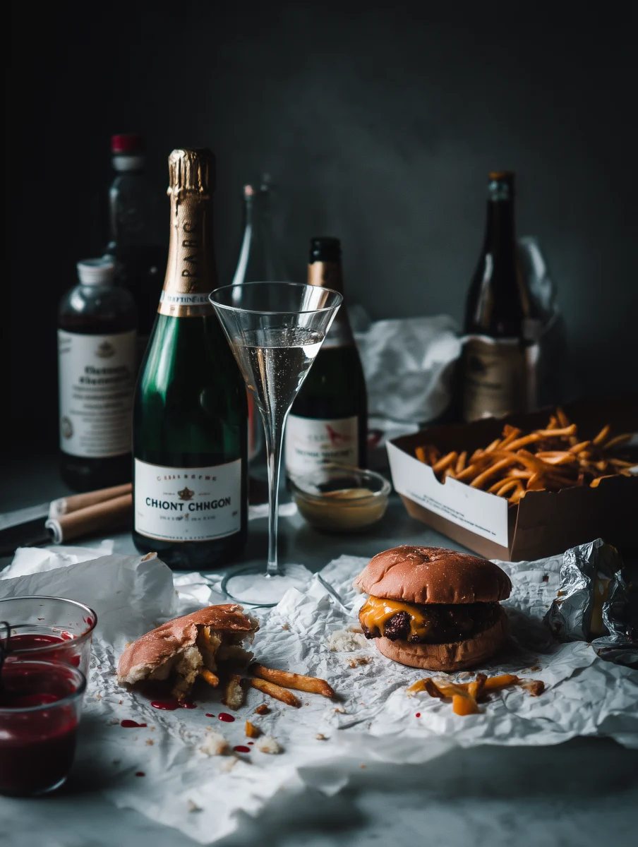 Gourmet Burger with Fries and Sparkling Wine 1 gourmet burger with fries and sparkling wine