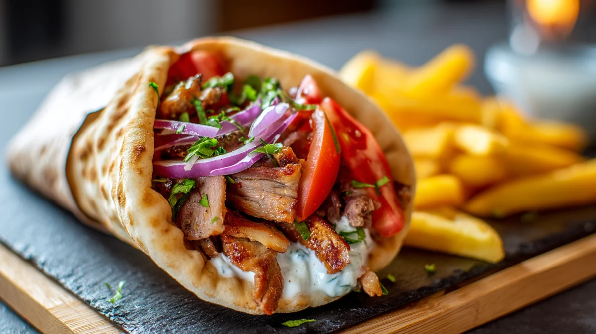 Grilled Meat Wrap with Fresh Vegetables and Fries 1 grilled meat wrap with fresh vegetables and fries