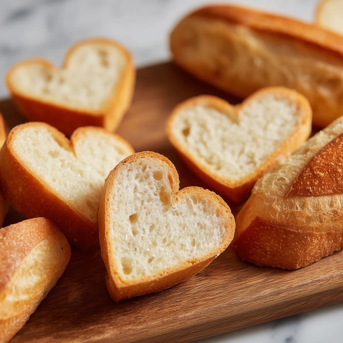 Heart-Shaped Bread Slices on Wooden Board 1 heart shaped bread slices on wooden board