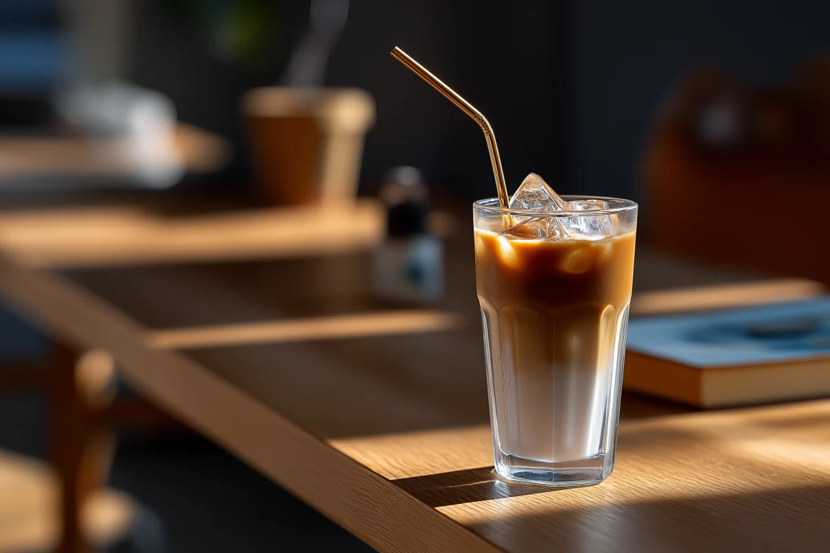 Iced Latte with Golden Straw in Cozy Cafe 1 iced latte with golden straw in cozy cafe