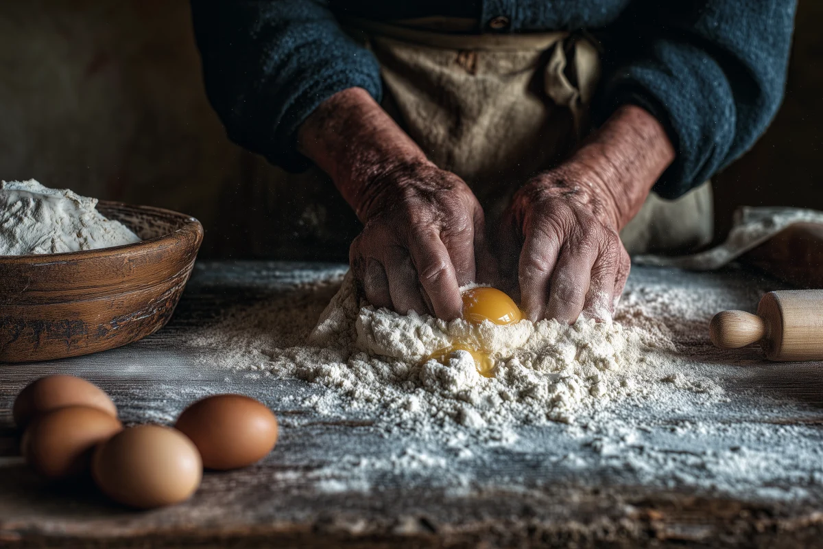 Kneading Dough with Fresh Eggs and Flour 1 kneading dough with fresh eggs and flour