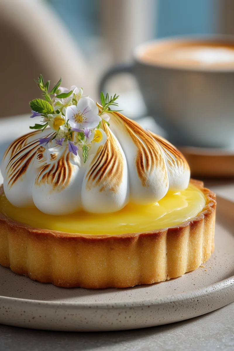 Lemon Meringue Tart with Edible Flowers 1 lemon meringue tart with edible flowers