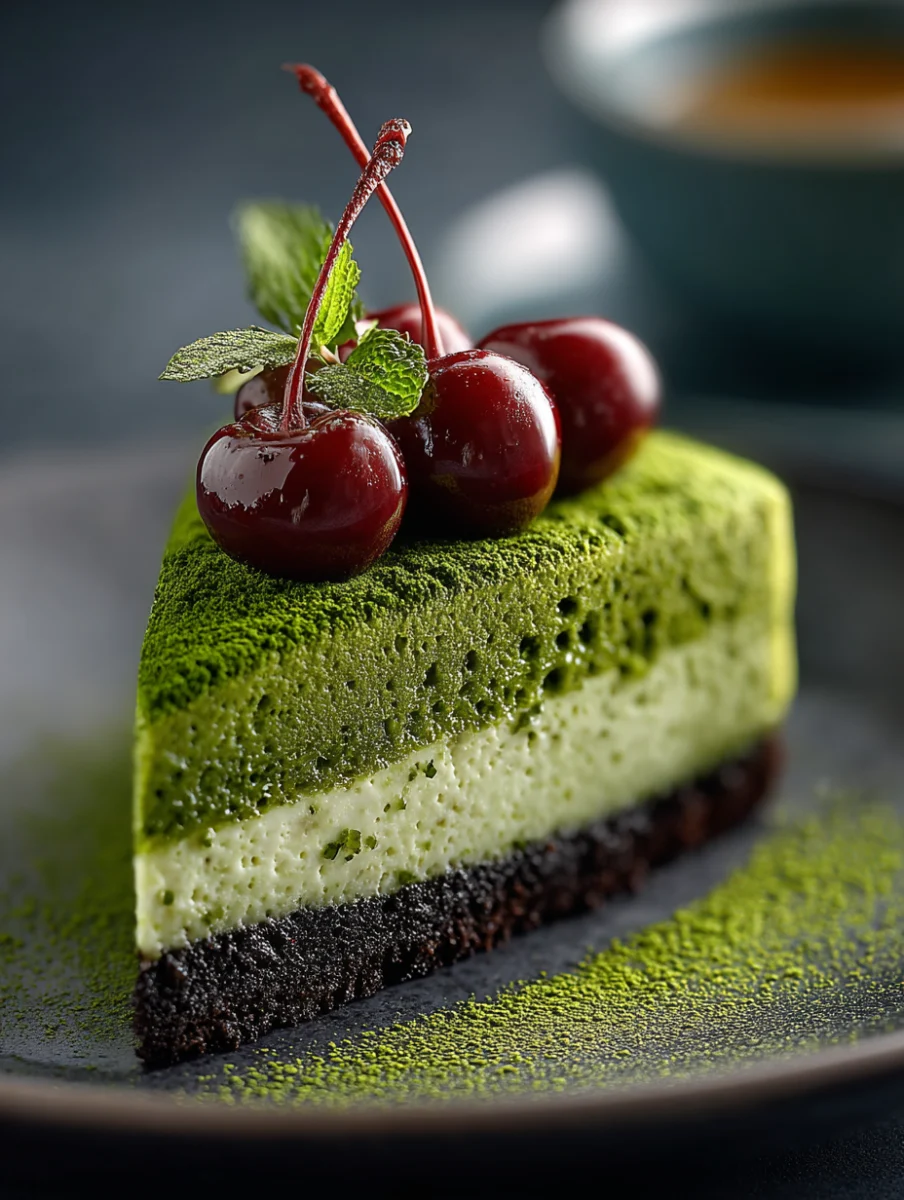 Matcha Cheesecake with Cherries and Mint Garnish 1 matcha cheesecake with cherries and mint garnish