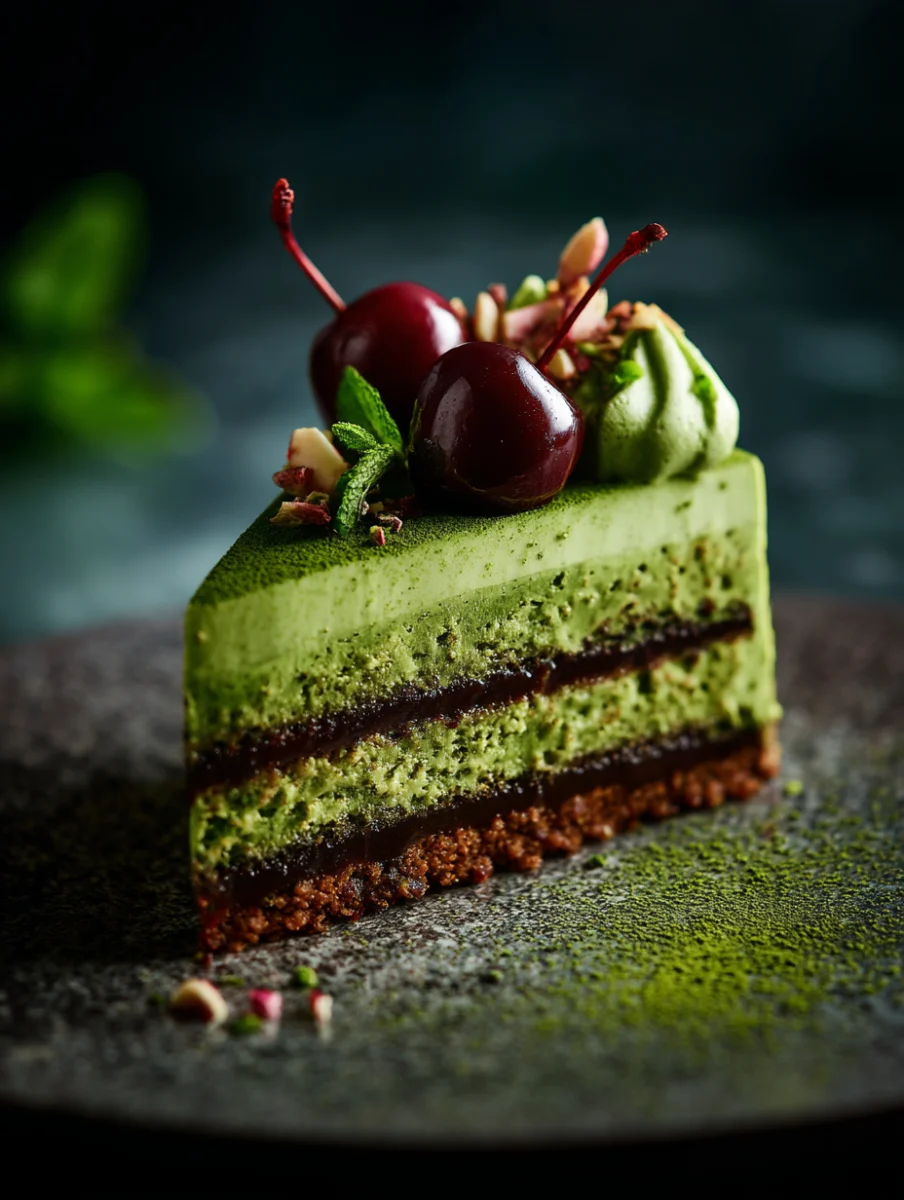 Matcha Layer Cake with Cherries and Almonds 1 matcha layer cake with cherries and almonds