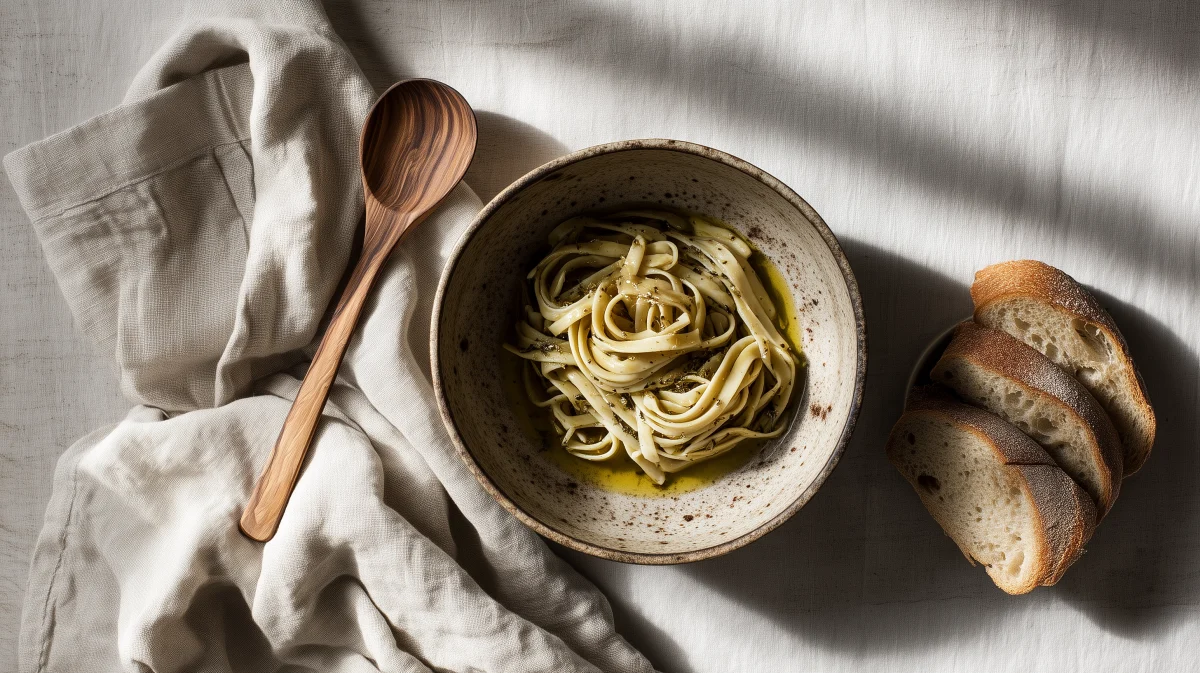 Olive Oil Linguine with Rustic Bread Slices 1 olive oil linguine with rustic bread slices
