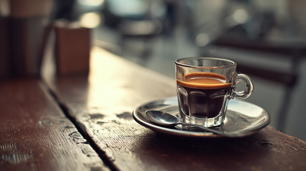 Rich Espresso in Glass on Wooden Table 1 rich espresso in glass on wooden table
