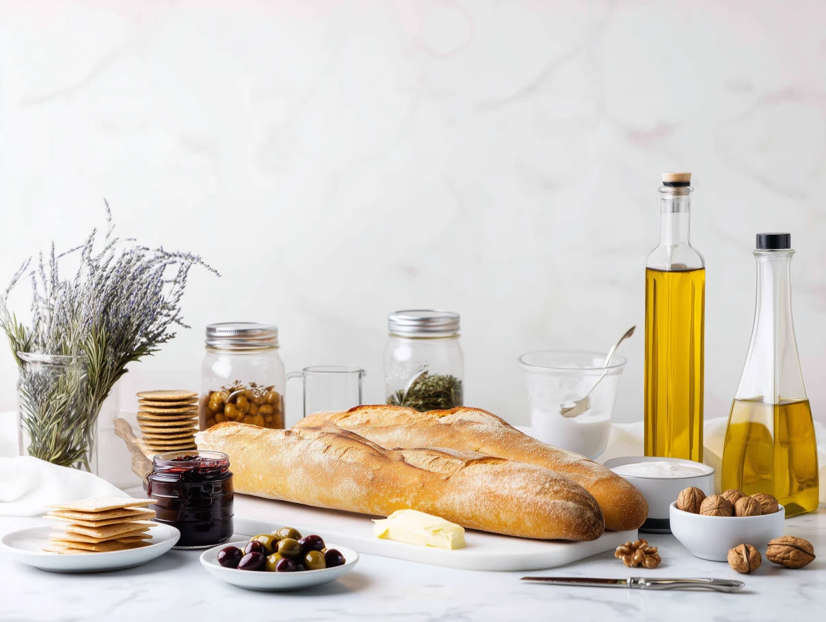 Rustic Baguette with Olive Oil and Spreads 1 rustic baguette with olive oil and spreads