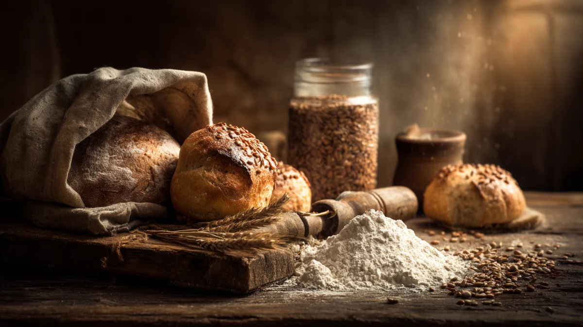 Rustic Bread and Flour on Wooden Surface 1 rustic bread and flour on wooden surface