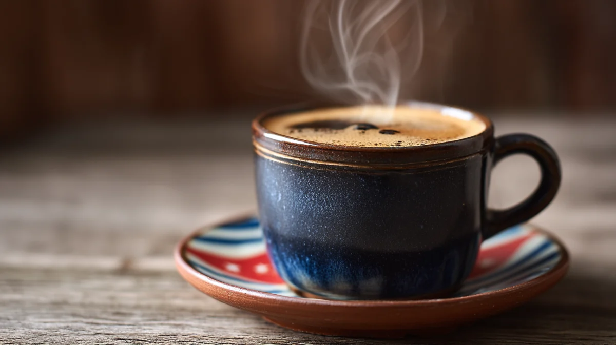 Steaming Coffee in Rustic Cup on Wooden Table 1 steaming coffee in rustic cup on wooden table