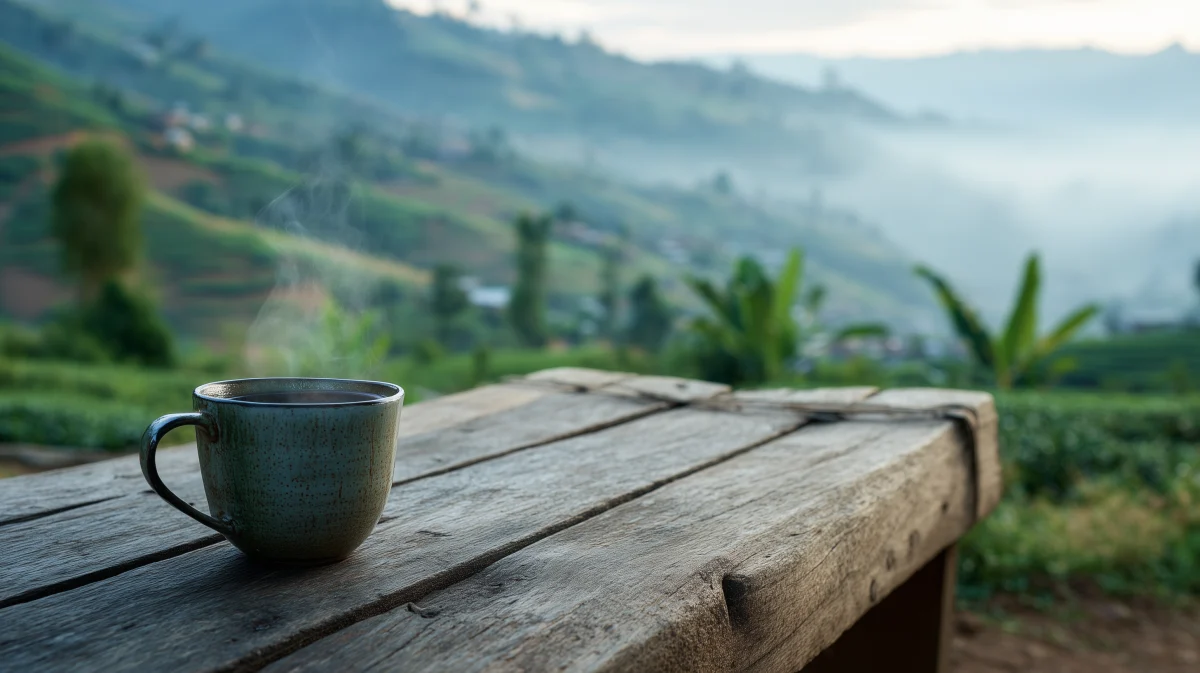 Steaming Coffee Mug Overlooking Lush Landscape 1 steaming coffee mug overlooking lush landscape