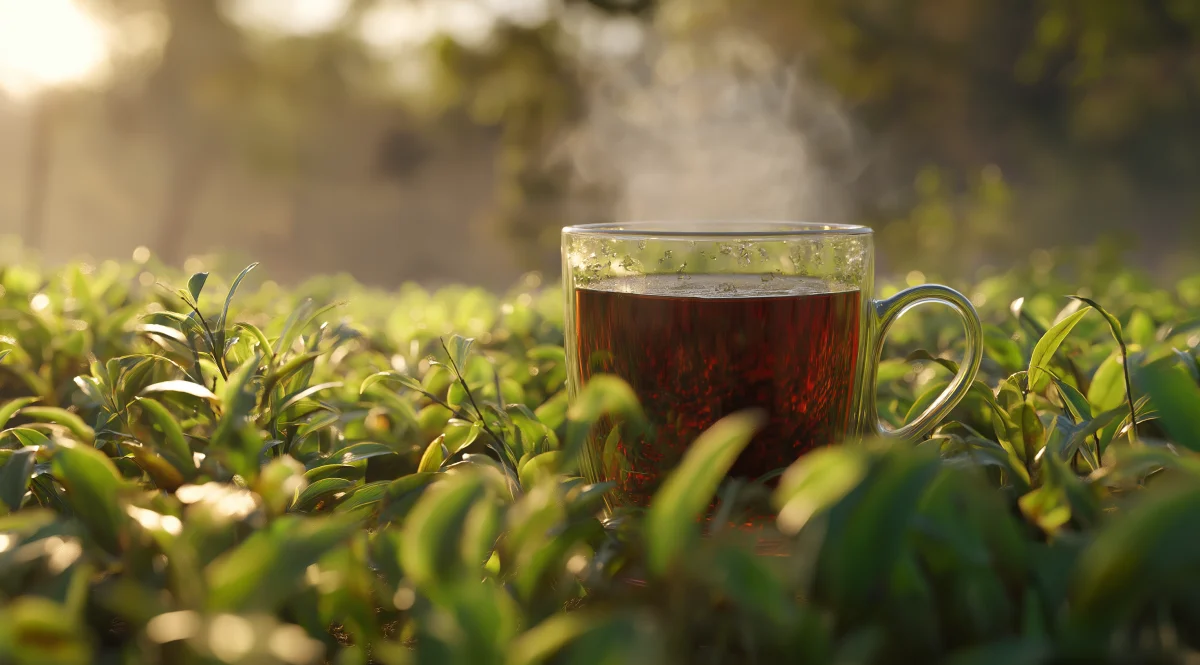 Steaming Cup of Tea Amid Lush Green Leaves 1 steaming cup of tea amid lush green leaves