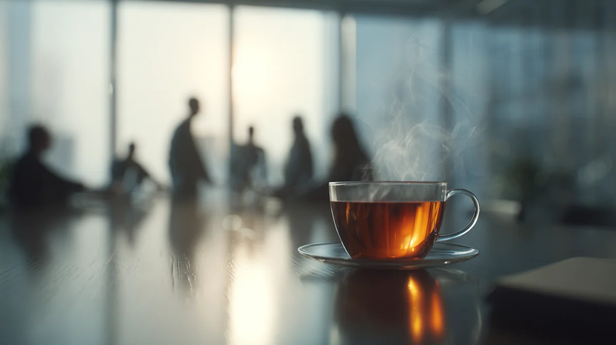 Steaming Cup of Tea on Conference Table 1 steaming cup of tea on conference table